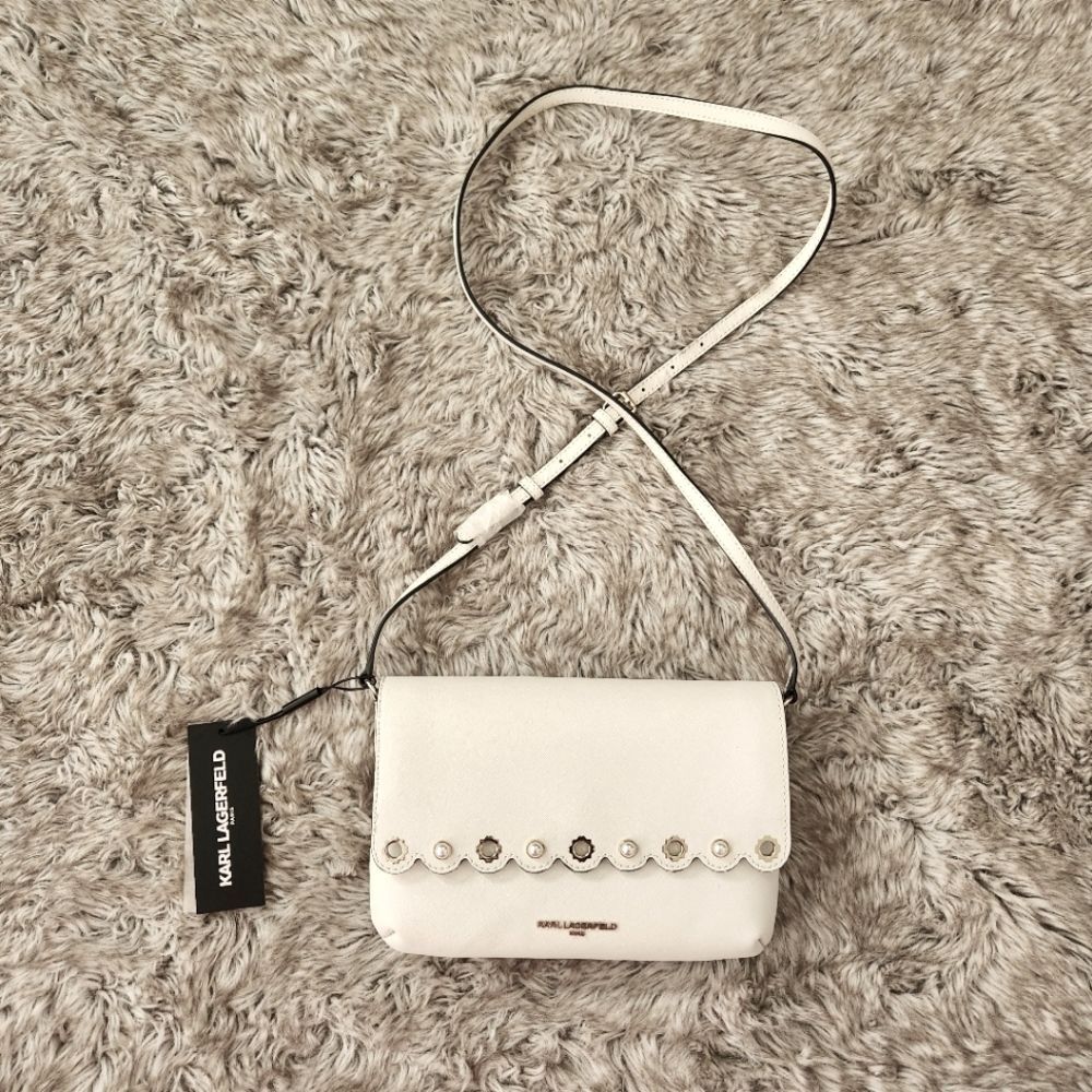 Karl Lagerfeld Paris Elsa Scalloped Flap Pearl Detail Crossbody Bag in Ivory - Picture 1 of 12